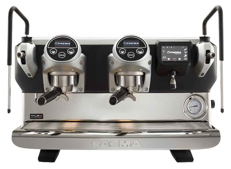 A Modern Faema Espresso Machine With A Sleek Stainless Steel Design, Dual-Group Heads, And Digital Controls.