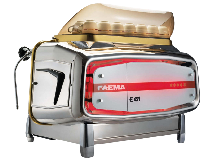 Faema E61 Classic Espresso Machine With A Polished Chrome Finish.